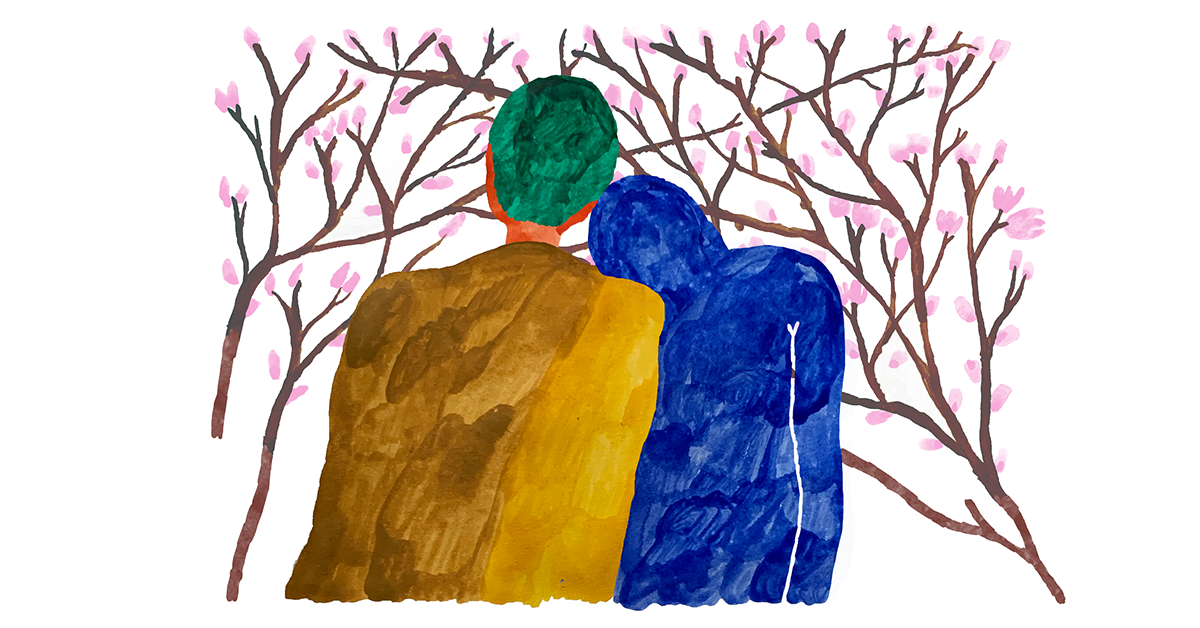 Teckning av två personer som lutar sig mot varandra