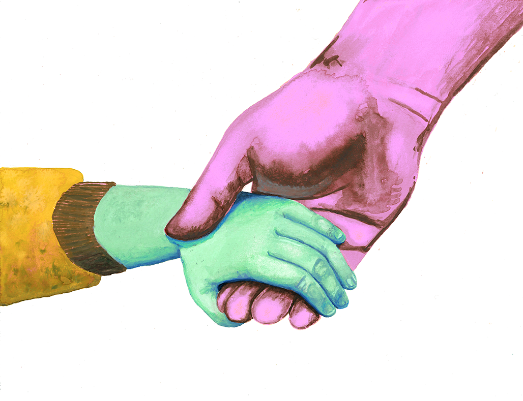 Tecknad bild på en liten och en stor hand.