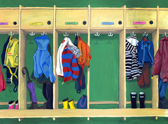 Bild på ett kapprum, med en tom krok