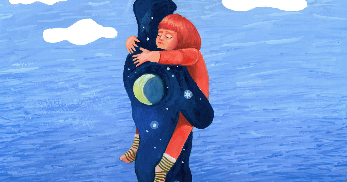 Illustration av en pappa som kramar sin dotter.