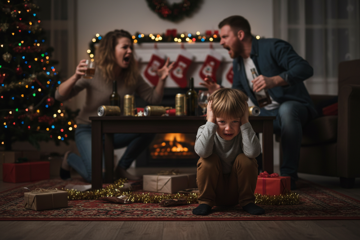 AI-genererad bild på bråkande vuxna och ett barn i jultid.